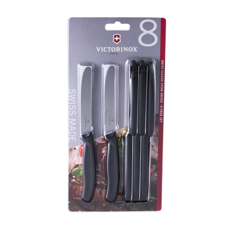 Victorinox Classic Steak & Tomato Round Tip Wavy Edge Knife 8 Piece Set 11cm (Black)