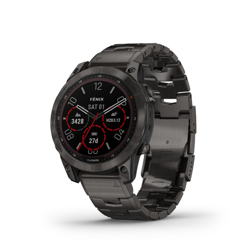 Garmin Fenix 7 Sapphire Solar (Carbon Grey DLC Titanium with Carbon Grey DLC Vented Titanium Band and Black Silicone Band)