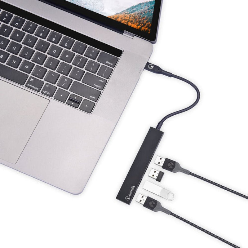 Bonelk Long-Life USB-C to 4 Port USB 3.0 Slim Hub (Black)