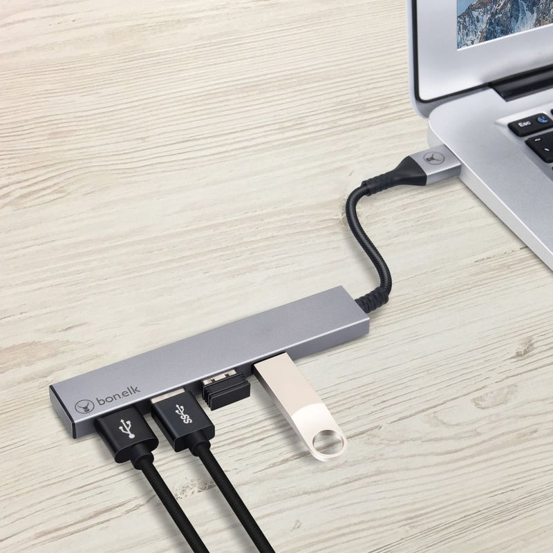 Bonelk Long-Life USB-A to 4 Port USB 3.0 Slim Hub (Space Grey)